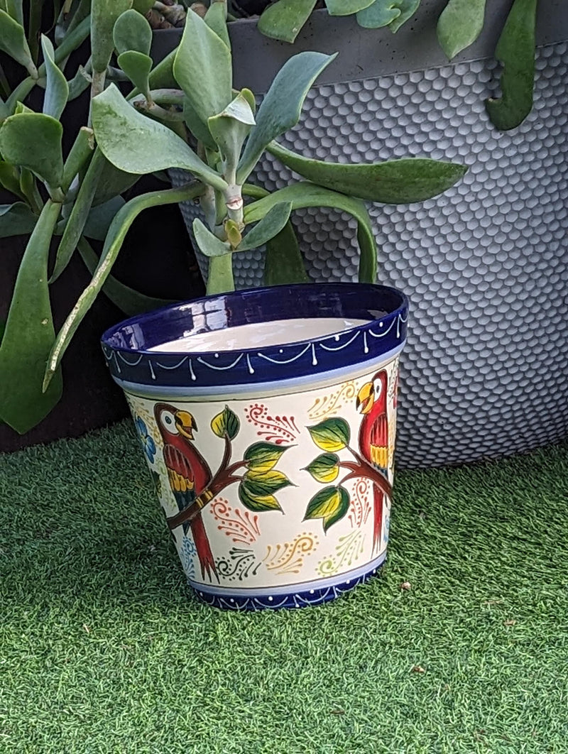 Parrots Flower Pot | 10.5" Round Ceramic Planter is Handmade Talavera Pottery - Use as Outdoor Garden Decor, Indoor Home Decor, Centerpiece