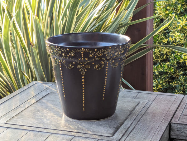 Black & Gold Flower Pot | 10.5" Round Ceramic Planter is Handmade Talavera Pottery for Outdoor Garden Decor, Indoor Home Decor, Centerpiece