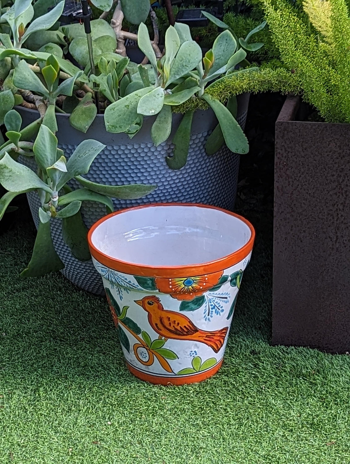 Tropical Bird Flower Pot | 12.5" Round Ceramic Planter is Handmade Mexican Pottery for Outdoor Garden Decor, Indoor Home Decor, Centerpiece