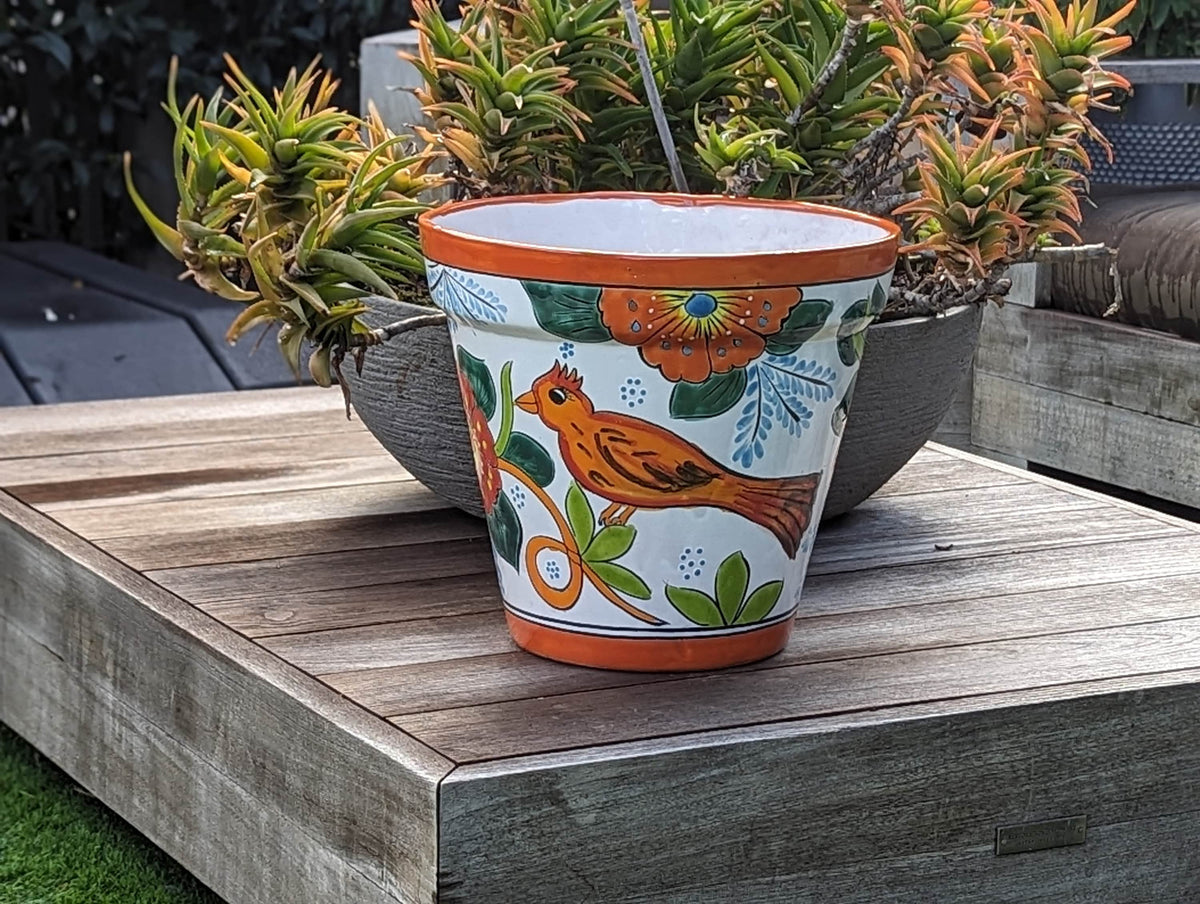 Tropical Bird Flower Pot | 12.5" Round Ceramic Planter is Handmade Mexican Pottery for Outdoor Garden Decor, Indoor Home Decor, Centerpiece