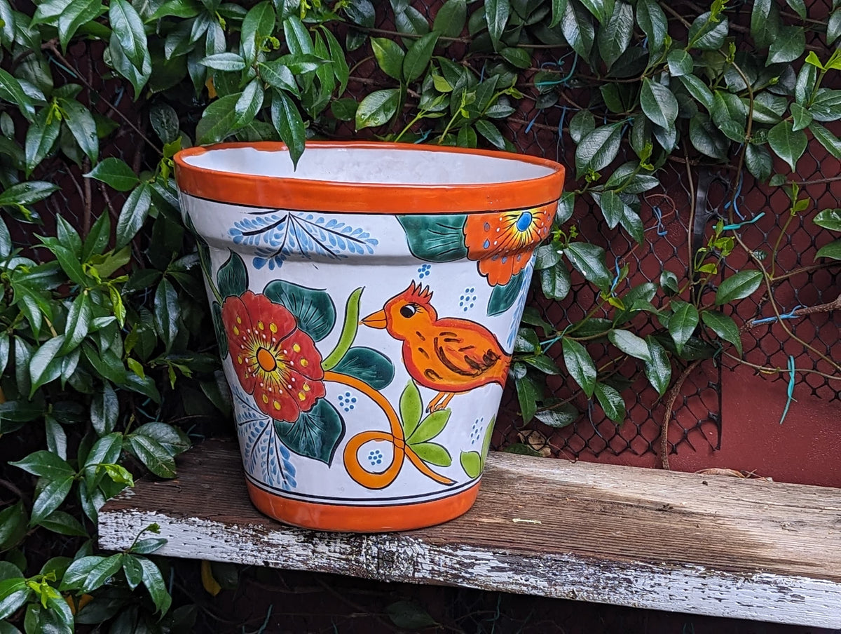 Tropical Bird Flower Pot | 12.5" Round Ceramic Planter is Handmade Mexican Pottery for Outdoor Garden Decor, Indoor Home Decor, Centerpiece