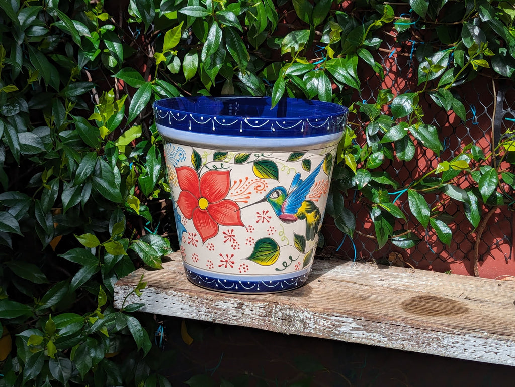 Hummingbirds Flower Pot | 10.5" Round Ceramic Planter is Handmade Mexican Pottery for Outdoor Garden Decor, Indoor Home Decor, Centerpiece