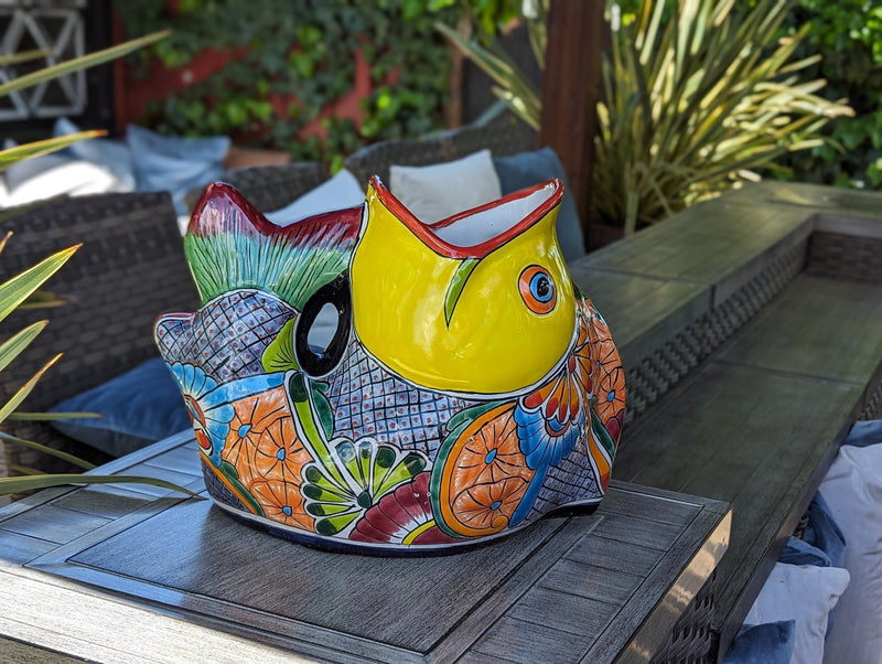 Talavera Whale Planter is Hand Painted Ceramic Mexican Pottery | Large Fish Planter Pot for Yard Art & Outdoor Garden Decor, Big Flower Pot