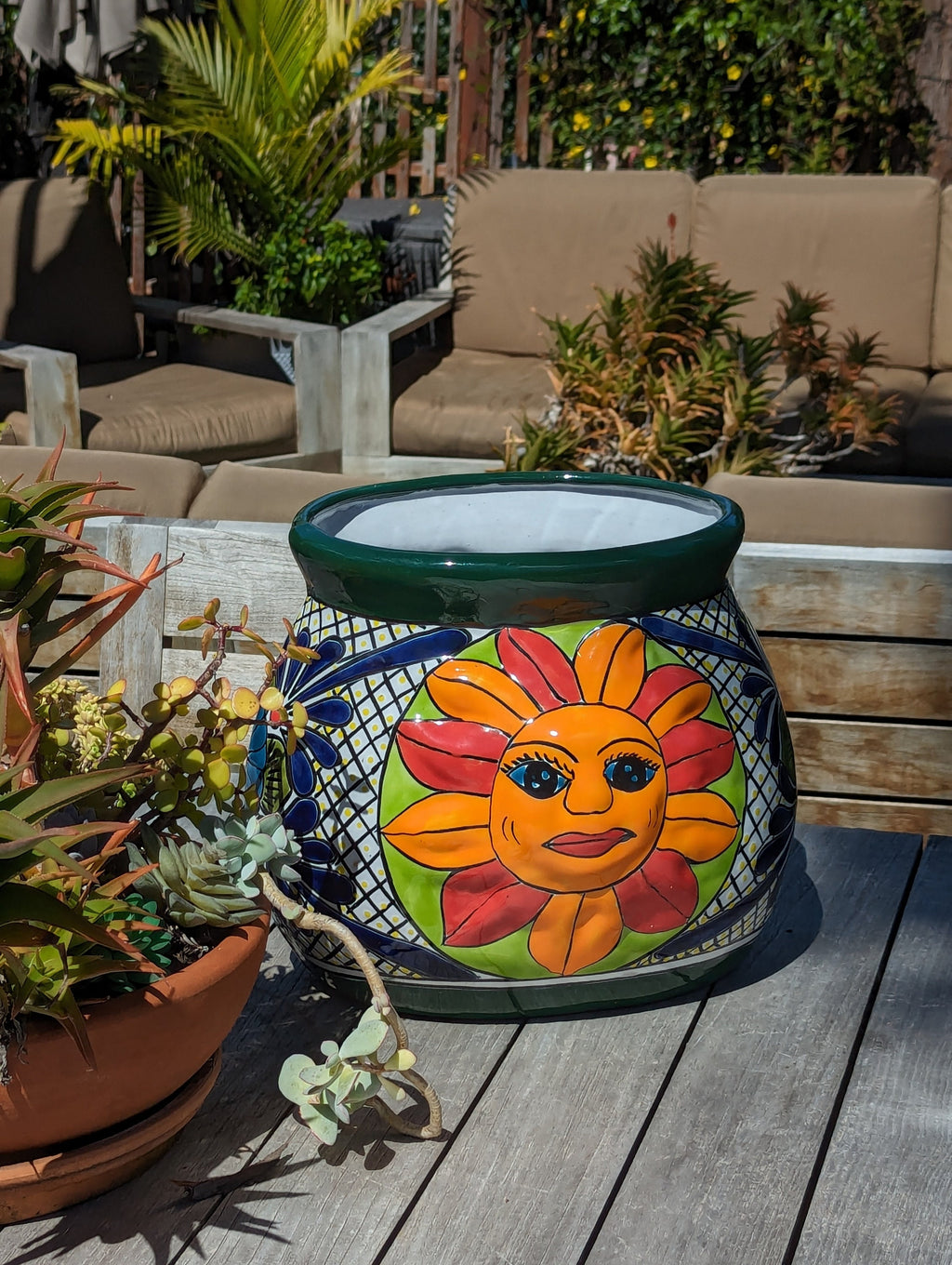 11.5" Oval Mexican Sun Flower Planter is a Colorful, Handmade Talavera Ceramic Planter Pot for Home and Garden Decor, Outdoor Yard Art