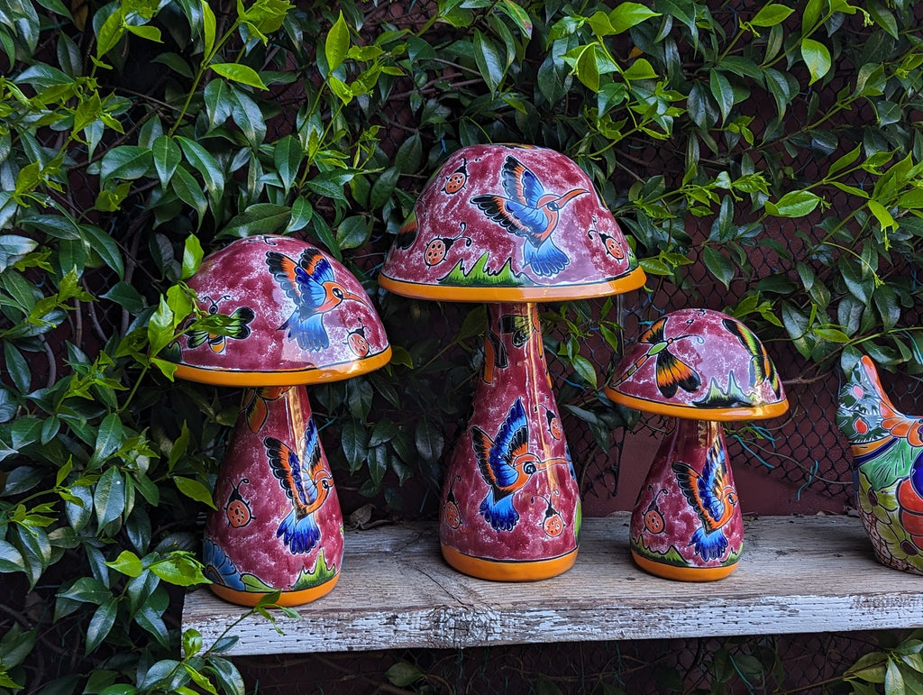 Pre-order | Mushroom Garden Decor & Yard Art, Ships 9-1 | Ceramic Talavera Pottery, Hummingbird Home Decor, 3 Toadstools Handmade in Mexico