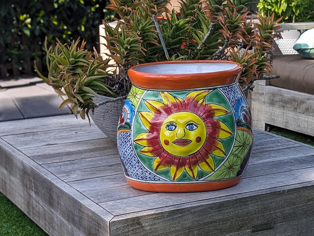 11.5" Oval Mexican Sun Flower Planter is a Colorful, Handmade Talavera Ceramic Planter Pot for Home and Garden Decor, Outdoor Yard Art