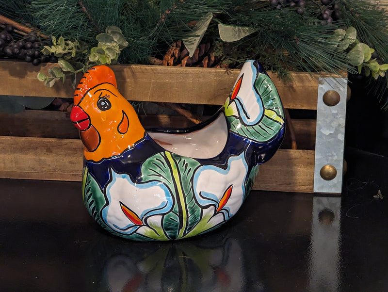 Chicken Flower Pot, Ceramic Talavera Planter, Handmade Mexican Pottery Home Decor - Indoor Planter or Outdoor Pot, Small Planter Pot