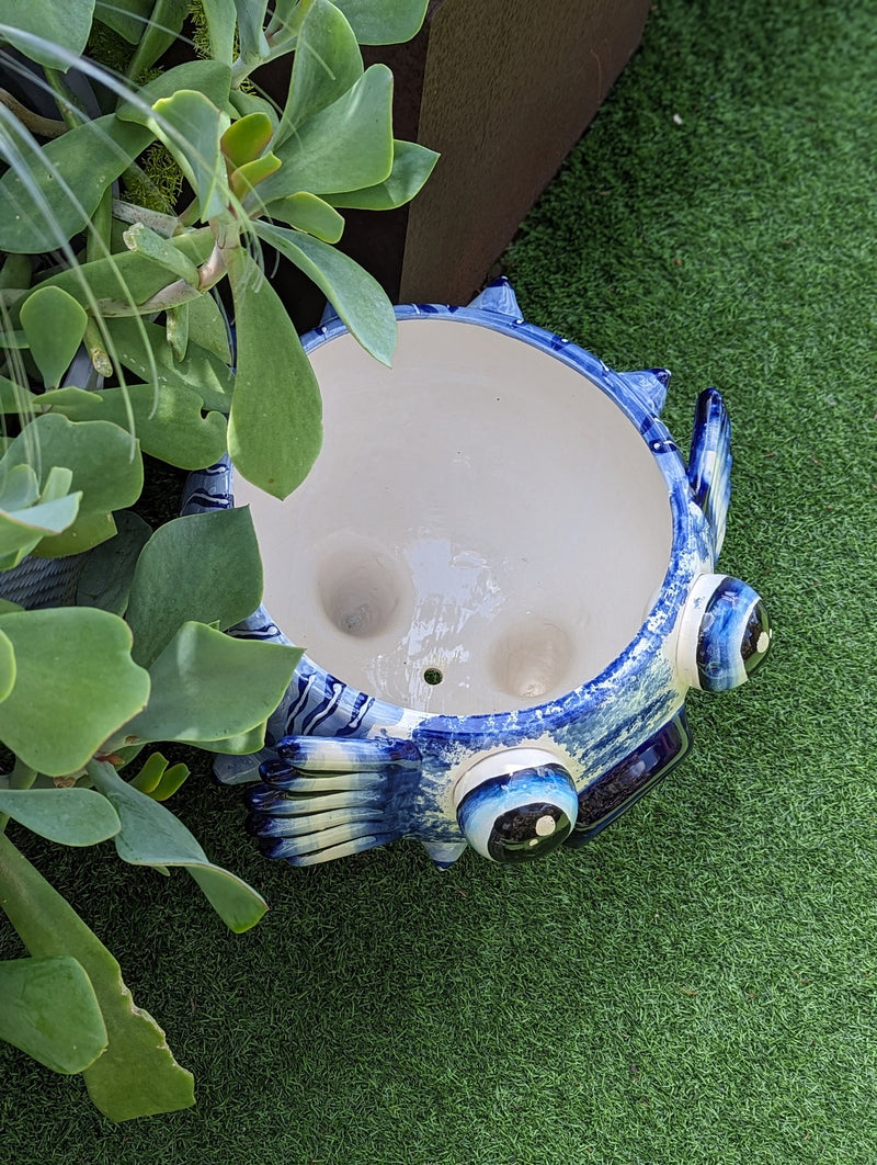 Talavera Blowfish Planter is Hand Painted Ceramic Mexican Pottery | Unique Planter Pot for Yard Art & Outdoor Garden Decor, Big 17&quot; Wide Pot