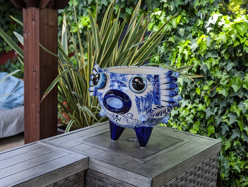 Talavera Blowfish Planter is Hand Painted Ceramic Mexican Pottery | Unique Planter Pot for Yard Art & Outdoor Garden Decor, Big 17&quot; Wide Pot