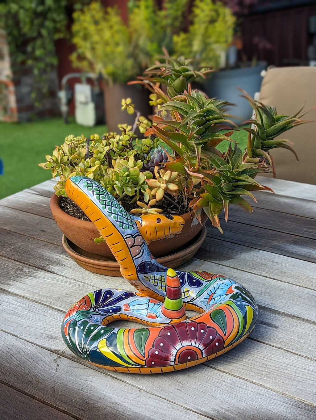 Talavera Rattlesnake Figurine Ceramic Mexican Pottery, Snake Outdoor Decor and Garden Statue Handmade in Mexico