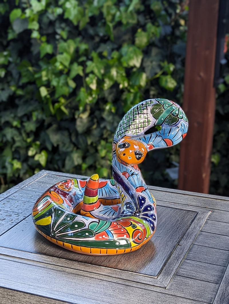 Talavera Rattlesnake Figurine Ceramic Mexican Pottery, Snake Outdoor Decor and Garden Statue Handmade in Mexico