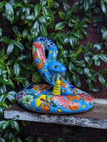 Talavera Rattlesnake Figurine Ceramic Mexican Pottery, Snake Outdoor Decor and Garden Statue Handmade in Mexico