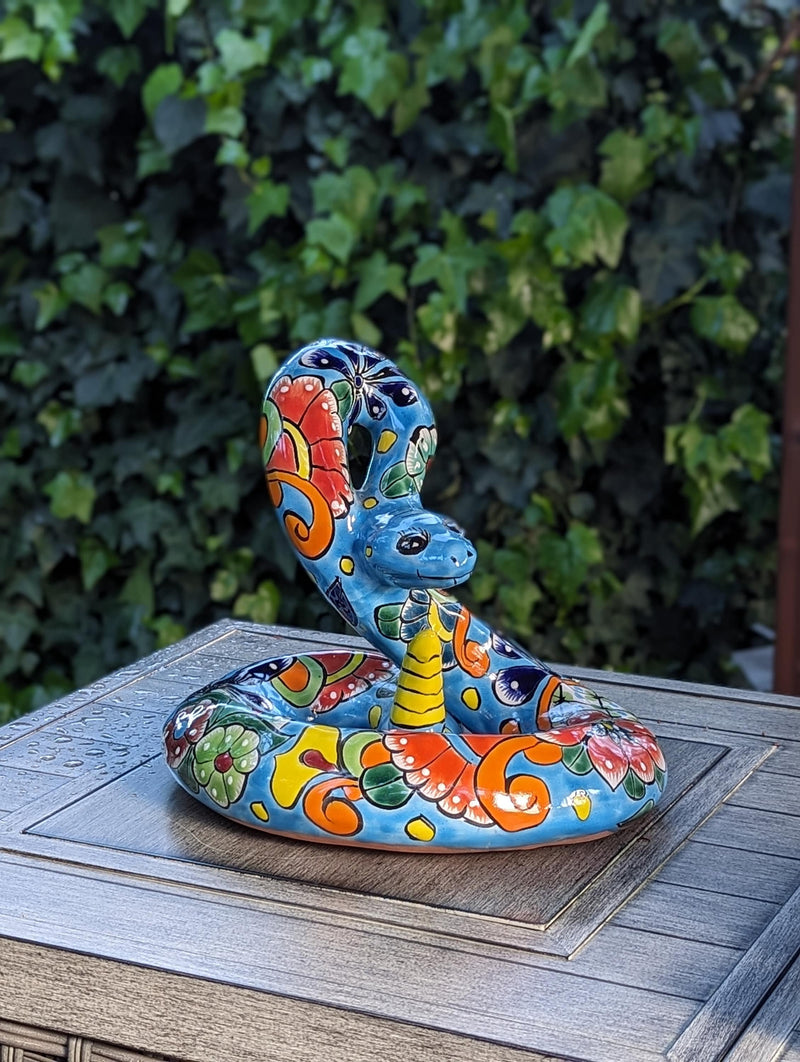 Talavera Rattlesnake Figurine Ceramic Mexican Pottery, Snake Outdoor Decor and Garden Statue Handmade in Mexico