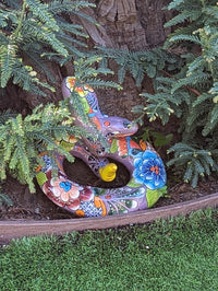 Talavera Rattlesnake Figurine Ceramic Mexican Pottery, Snake Outdoor Decor and Garden Statue Handmade in Mexico