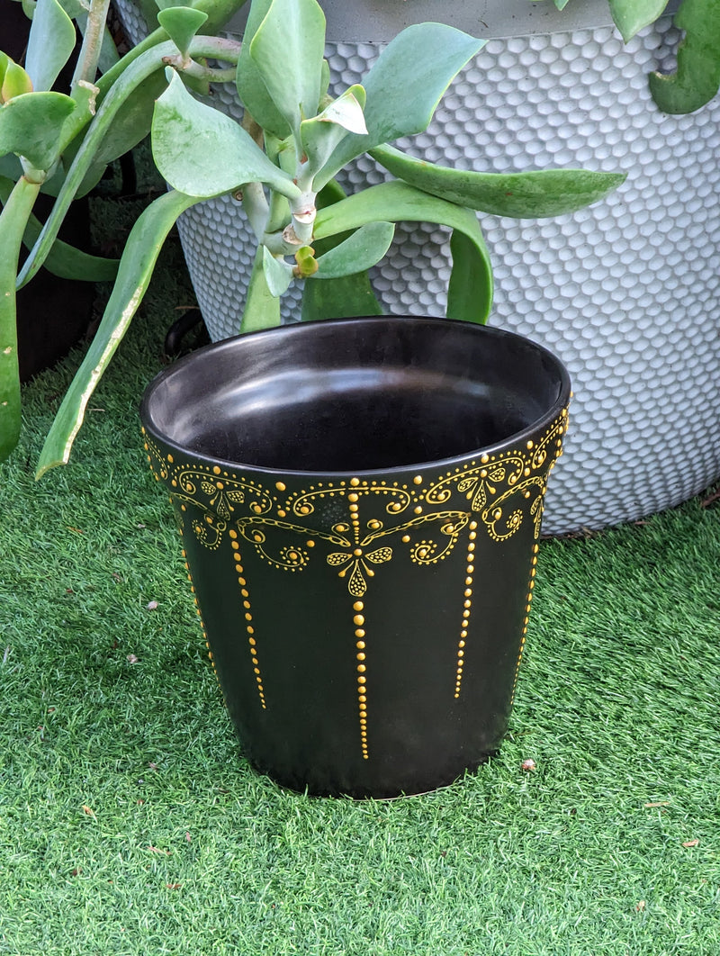 Black & Gold Flower Pot | 10.5" Round Ceramic Planter is Handmade Talavera Pottery for Outdoor Garden Decor, Indoor Home Decor, Centerpiece