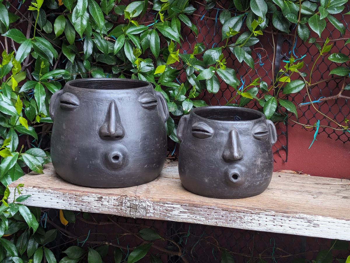 Whistling Round Face Planter Bundles | Handmade Artisan Pottery of Atzompa, Mexico  | Black Flower Pot