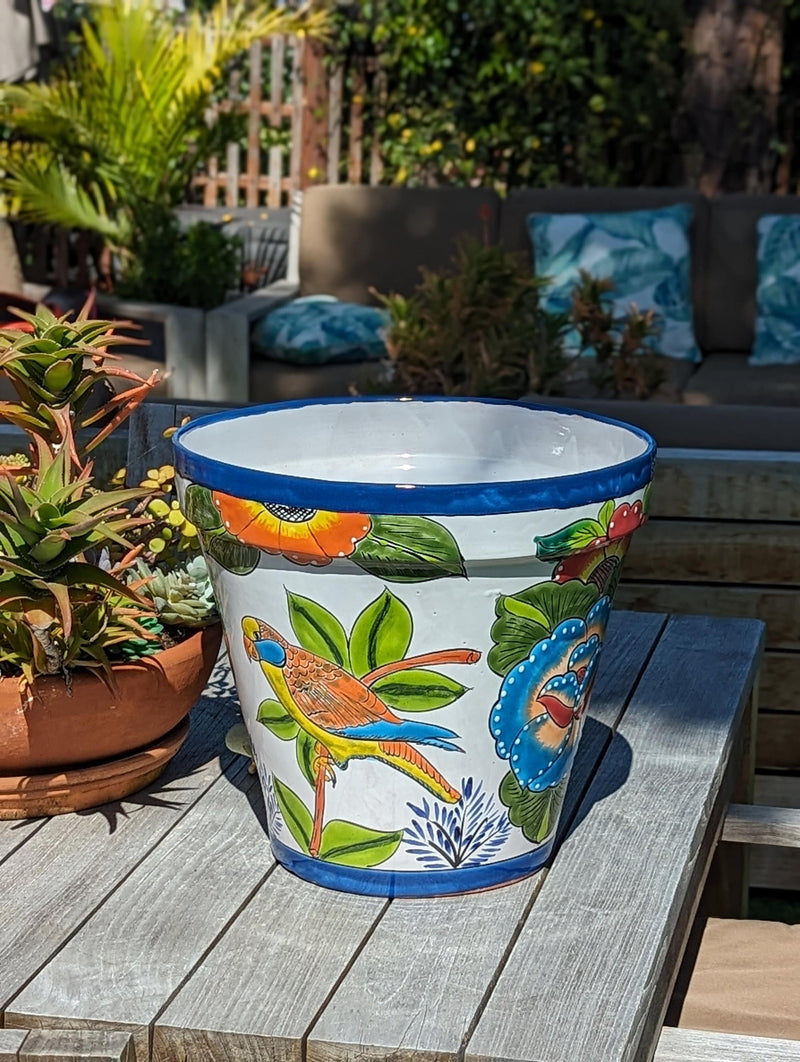 Parrot Flower Pot | 10.5" Round Ceramic Planter is Handmade Mexican Pottery for Outdoor Garden Decor, Indoor Home Decor, or Centerpiece