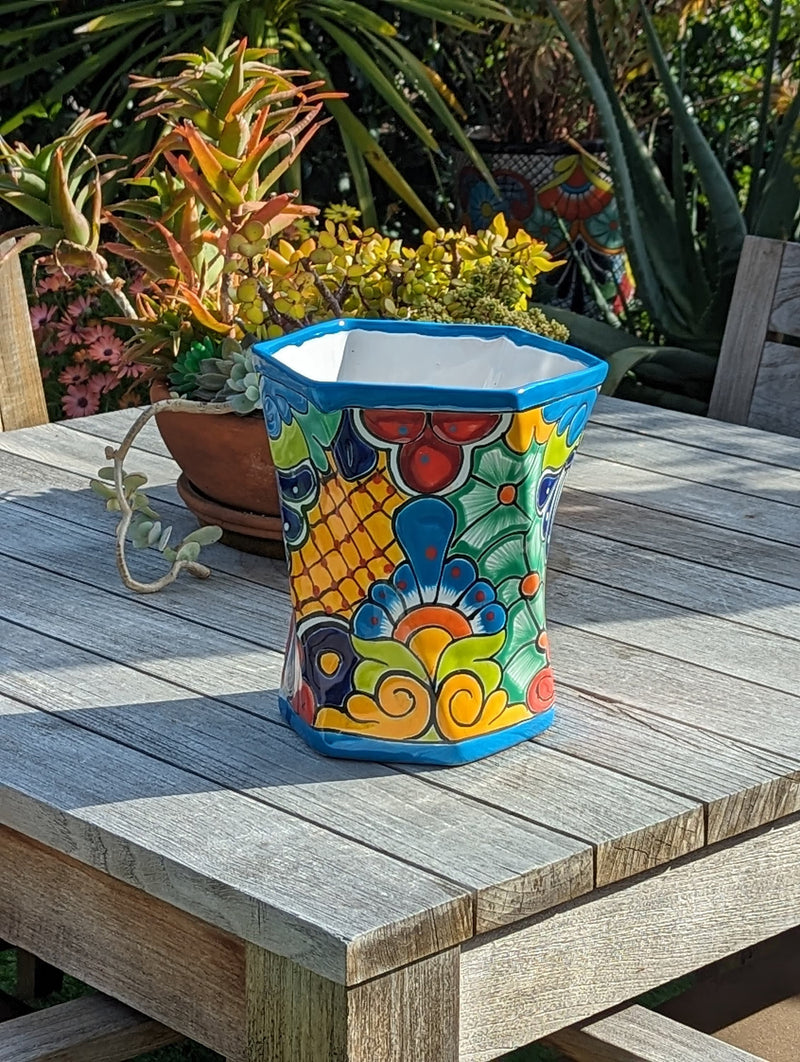 Hexagon Japanese Planter | Geometric Ceramic Flower Pot is Handmade Mexican Pottery for Outdoor Garden Decor, Indoor Home Decor Centerpiece