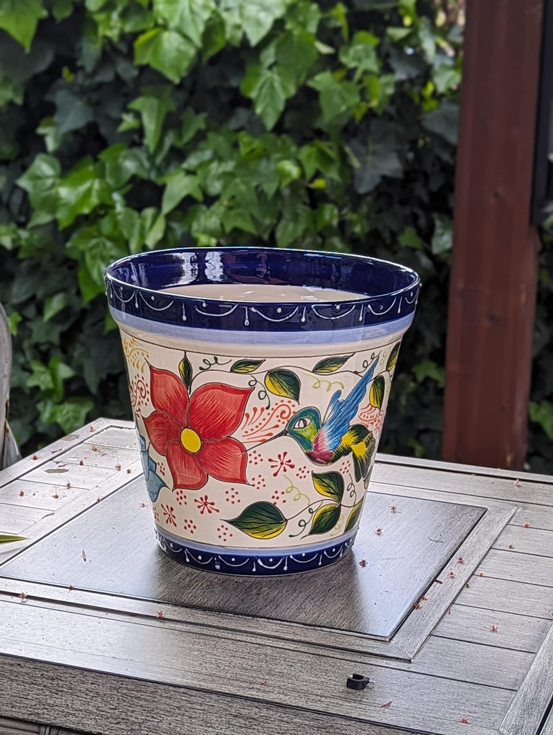 Hummingbirds Flower Pot | 10.5" Round Ceramic Planter is Handmade Mexican Pottery for Outdoor Garden Decor, Indoor Home Decor, Centerpiece