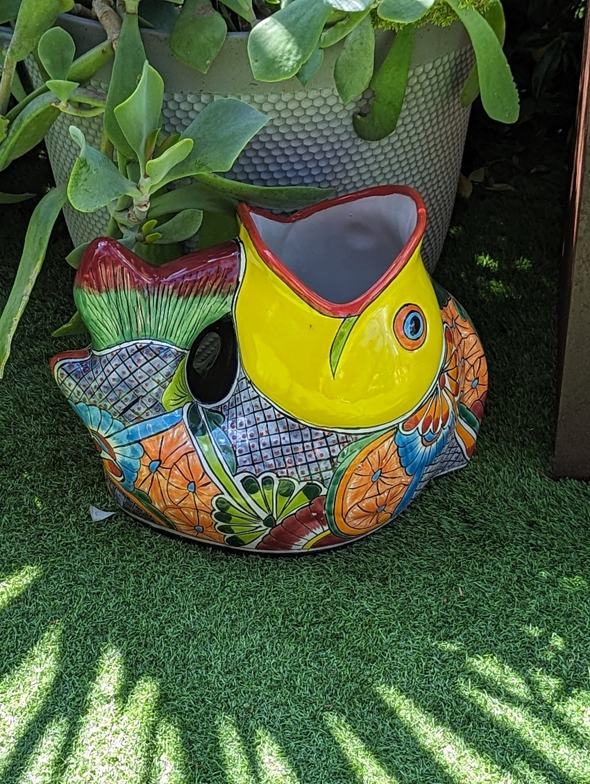 Talavera Whale Planter is Hand Painted Ceramic Mexican Pottery | Large Fish Planter Pot for Yard Art & Outdoor Garden Decor, Big Flower Pot