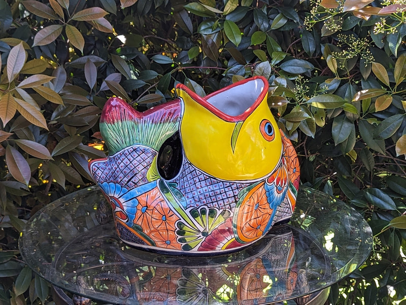 Talavera Whale Planter is Hand Painted Ceramic Mexican Pottery | Large Fish Planter Pot for Yard Art & Outdoor Garden Decor, Big Flower Pot