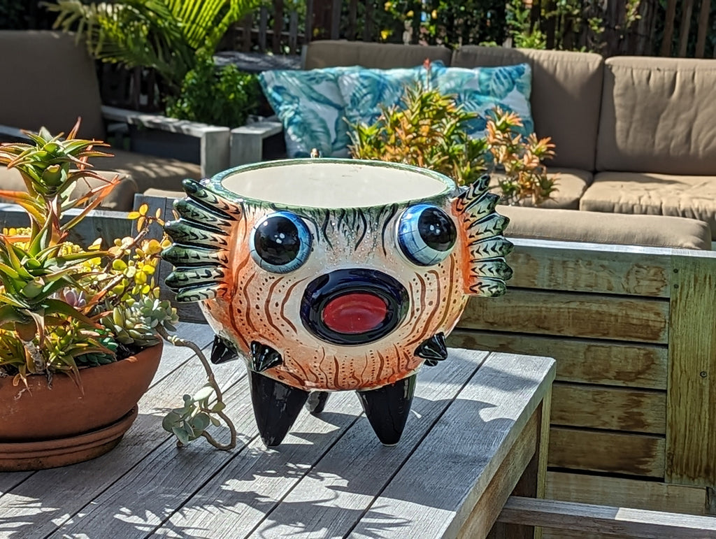 Talavera Blowfish Planter is Hand Painted Ceramic Mexican Pottery | Unique Planter Pot for Yard Art & Outdoor Garden Decor, Big 17&quot; Wide Pot