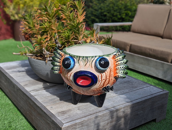 Talavera Blowfish Planter is Hand Painted Ceramic Mexican Pottery | Unique Planter Pot for Yard Art & Outdoor Garden Decor, Big 17" Wide Pot