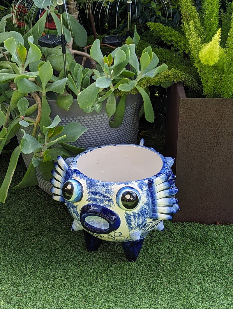 Talavera Blowfish Planter is Hand Painted Ceramic Mexican Pottery | Unique Planter Pot for Yard Art & Outdoor Garden Decor, Big 17&quot; Wide Pot