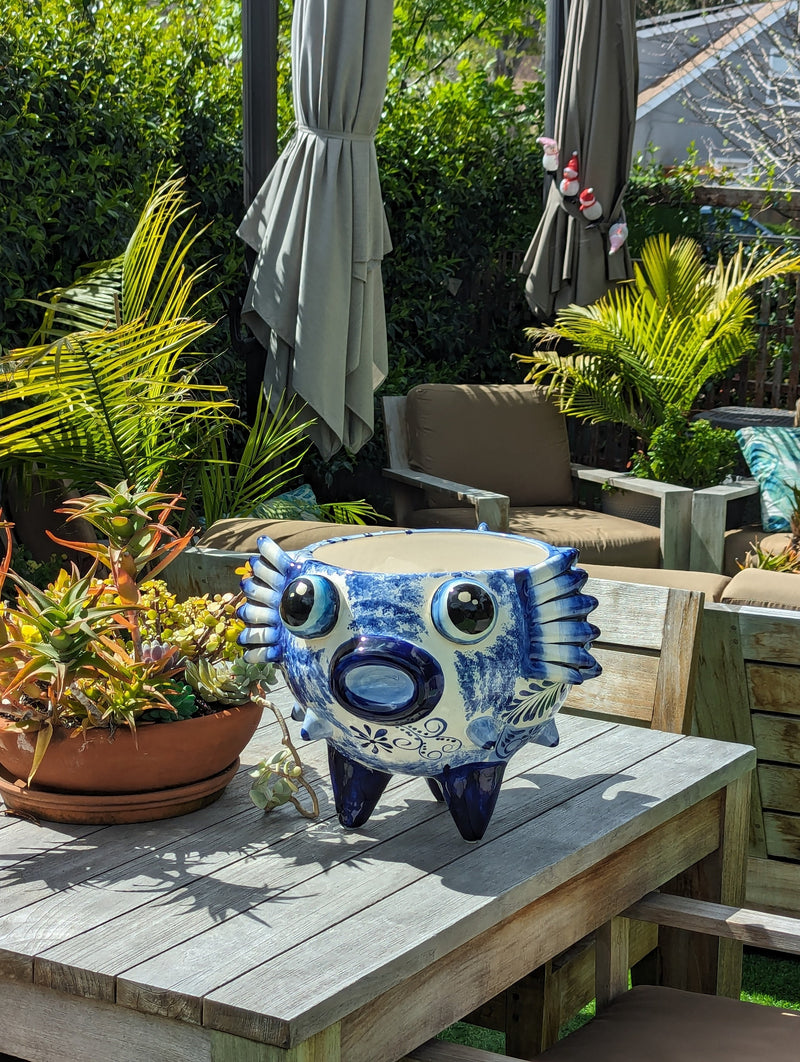 Talavera Blowfish Planter is Hand Painted Ceramic Mexican Pottery | Unique Planter Pot for Yard Art & Outdoor Garden Decor, Big 17&quot; Wide Pot