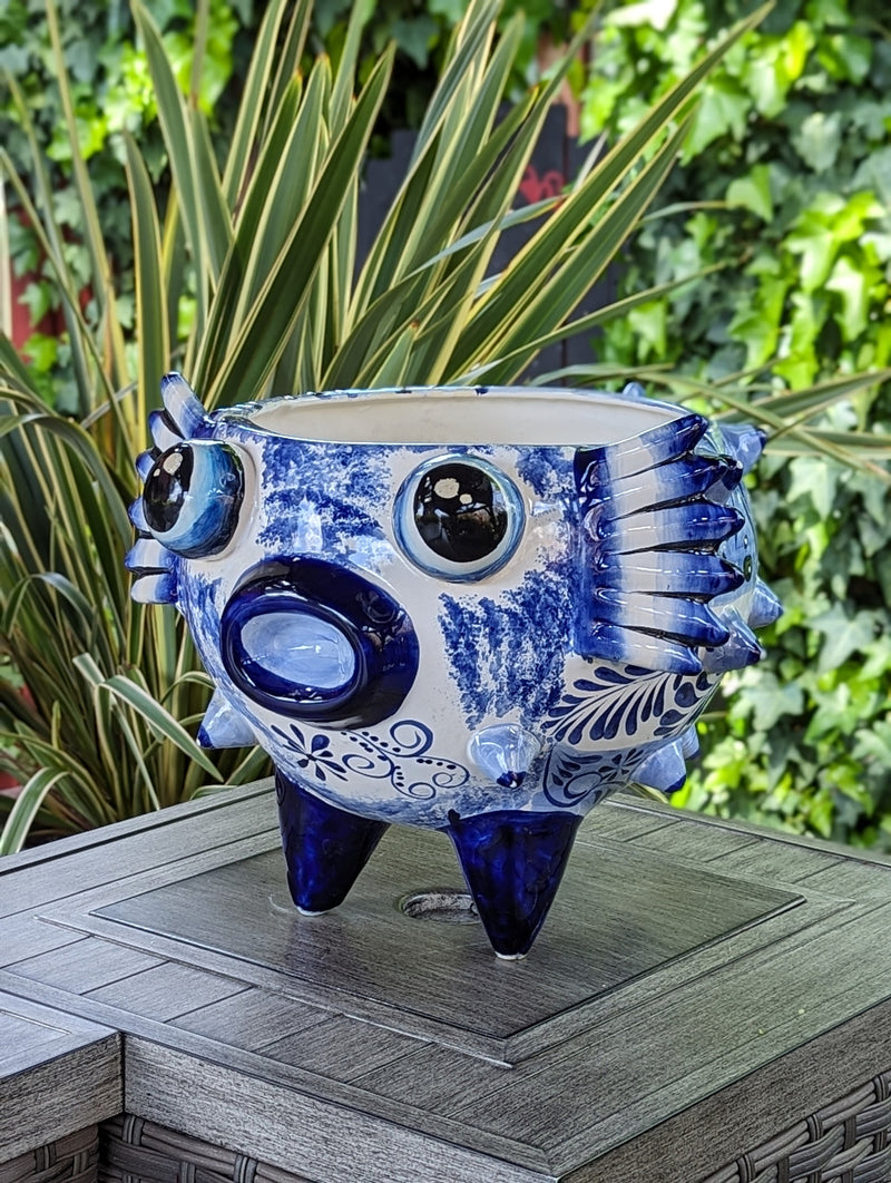 Talavera Blowfish Planter is Hand Painted Ceramic Mexican Pottery | Unique Planter Pot for Yard Art & Outdoor Garden Decor, Big 17&quot; Wide Pot