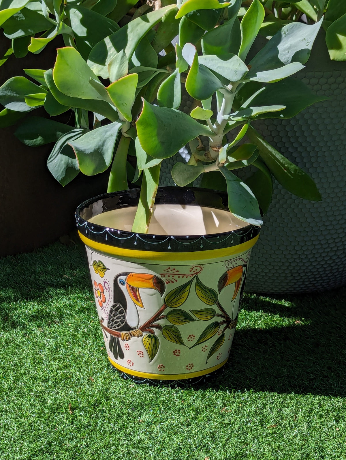 4 Toucans Flower Pot | 10.5" Round Ceramic Planter is Handmade Mexican Pottery for Outdoor Garden Decor, Indoor Home Decor, or a Centerpiece