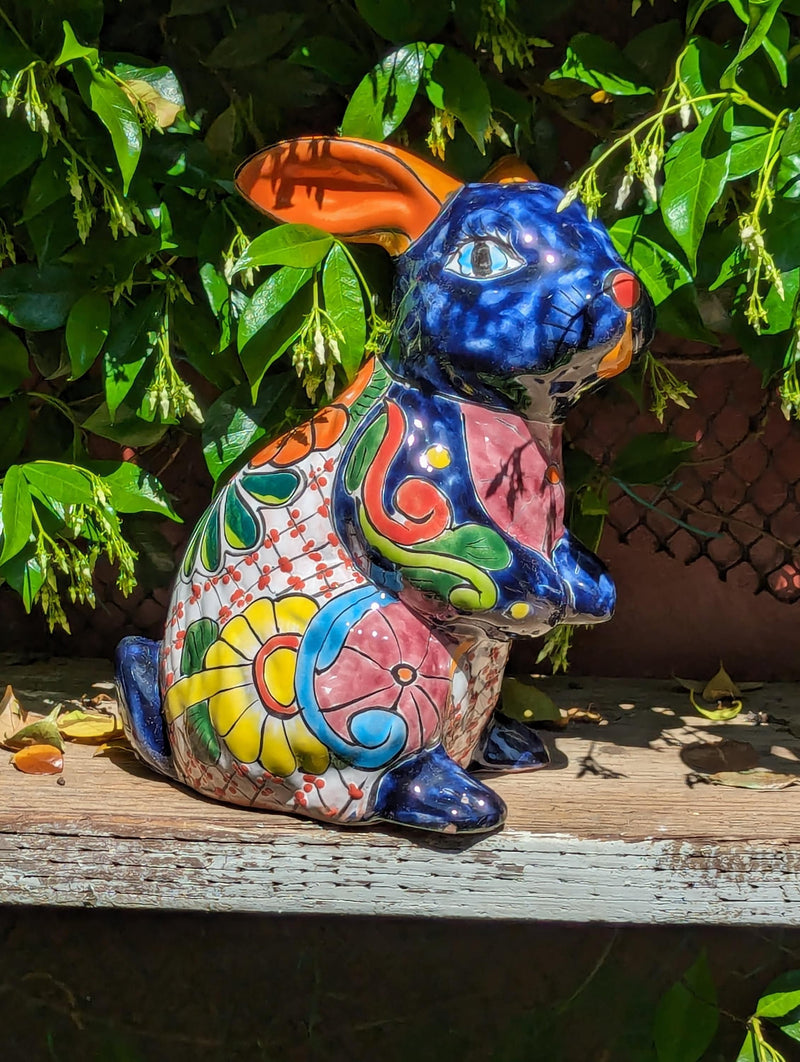 Rabbit Garden Decor is a Cute Ceramic Gift for Yard & Garden Art | Mexican Talavera Pottery, Handmade Hand Painted Rabbit Yard Decoration