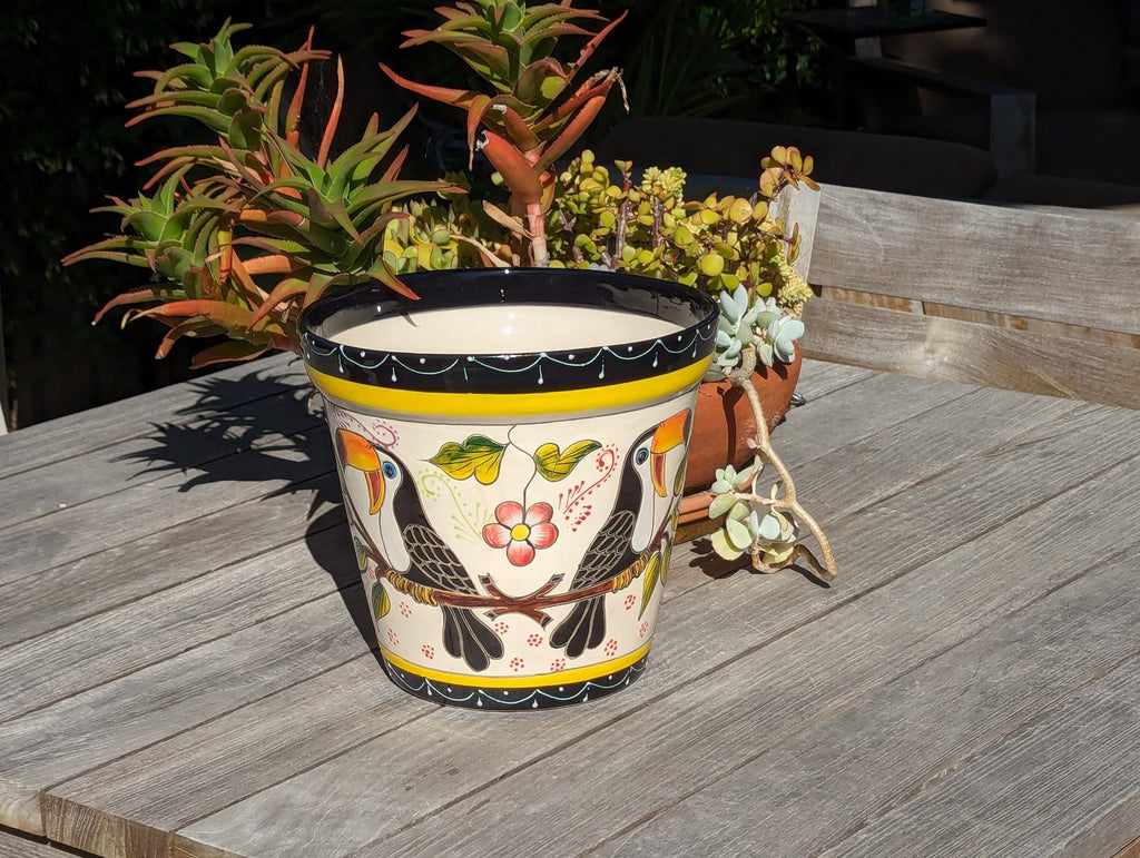 4 Toucans Flower Pot | 10.5" Round Ceramic Planter is Handmade Mexican Pottery for Outdoor Garden Decor, Indoor Home Decor, or a Centerpiece