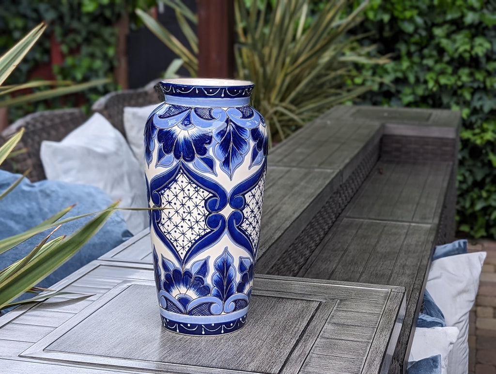 Ceramic Talavera Flower Vase is Exquisite Handmade Mexican Pottery | Decorative Centerpiece is Gorgeous Blue Design for Home or Yard Decor