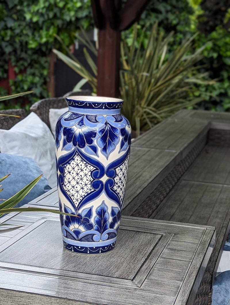 Ceramic Talavera Flower Vase is Exquisite Handmade Mexican Pottery | Decorative Centerpiece is Gorgeous Blue Design for Home or Yard Decor