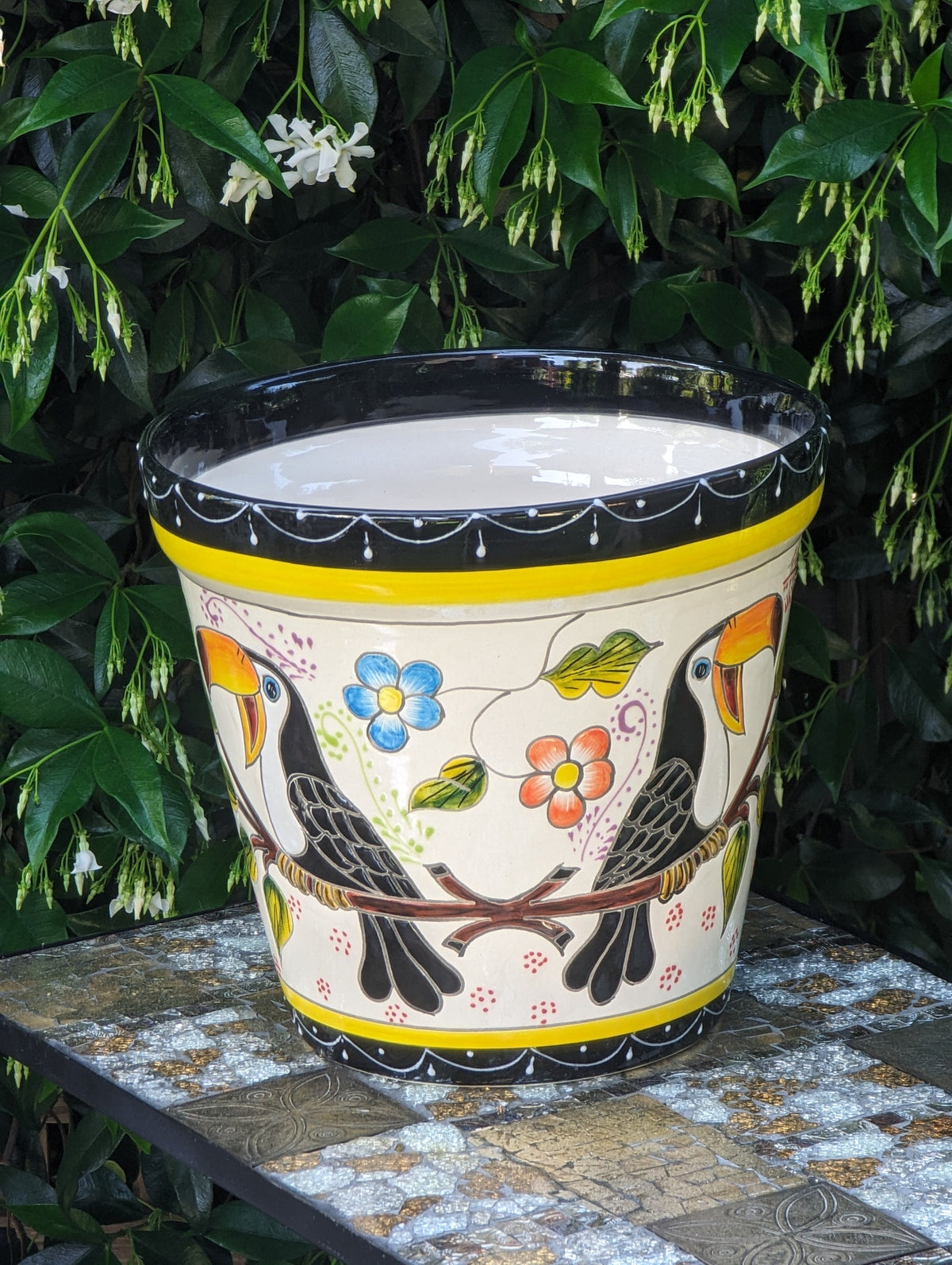 4 Toucans Flower Pot | 10.5" Round Ceramic Planter is Handmade Mexican Pottery for Outdoor Garden Decor, Indoor Home Decor, or a Centerpiece