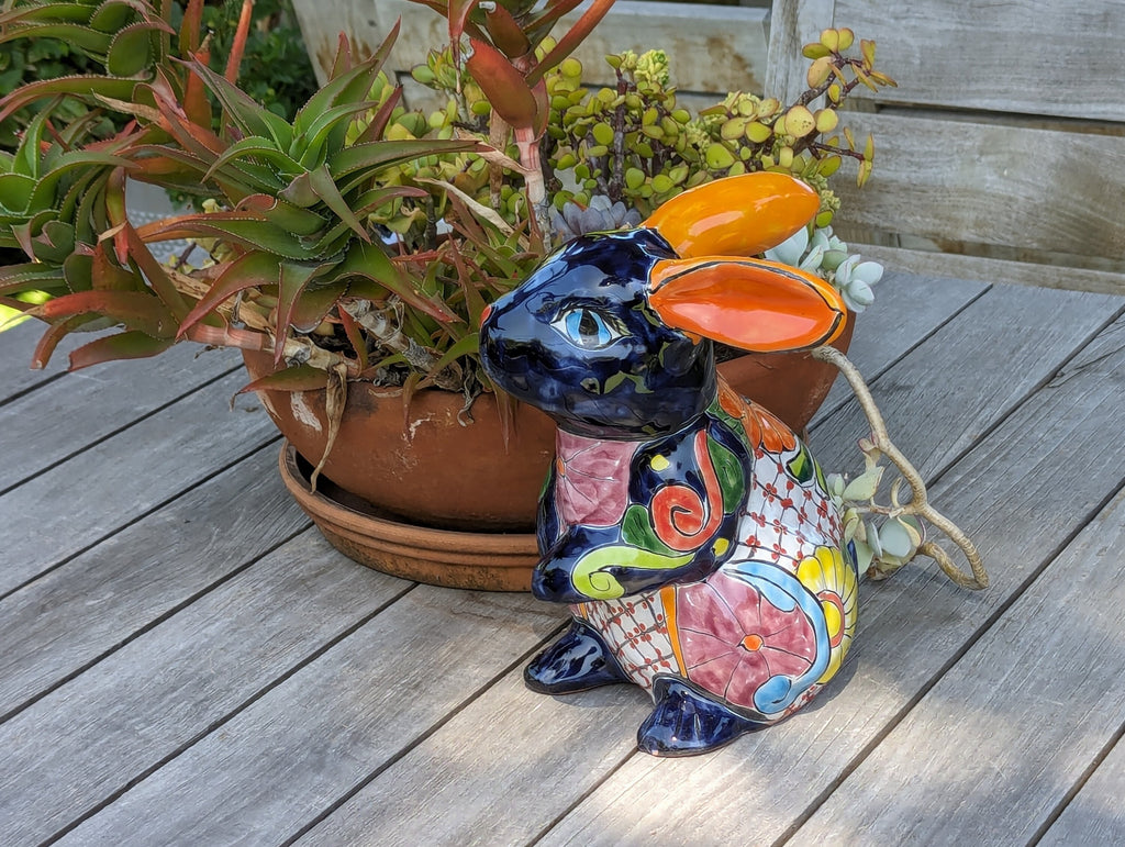 Rabbit Garden Decor Cute Ceramic Gift, Yard & Garden Art | Mexican Talavera Pottery, Handmade and Hand Painted Rabbit Yard Decoration