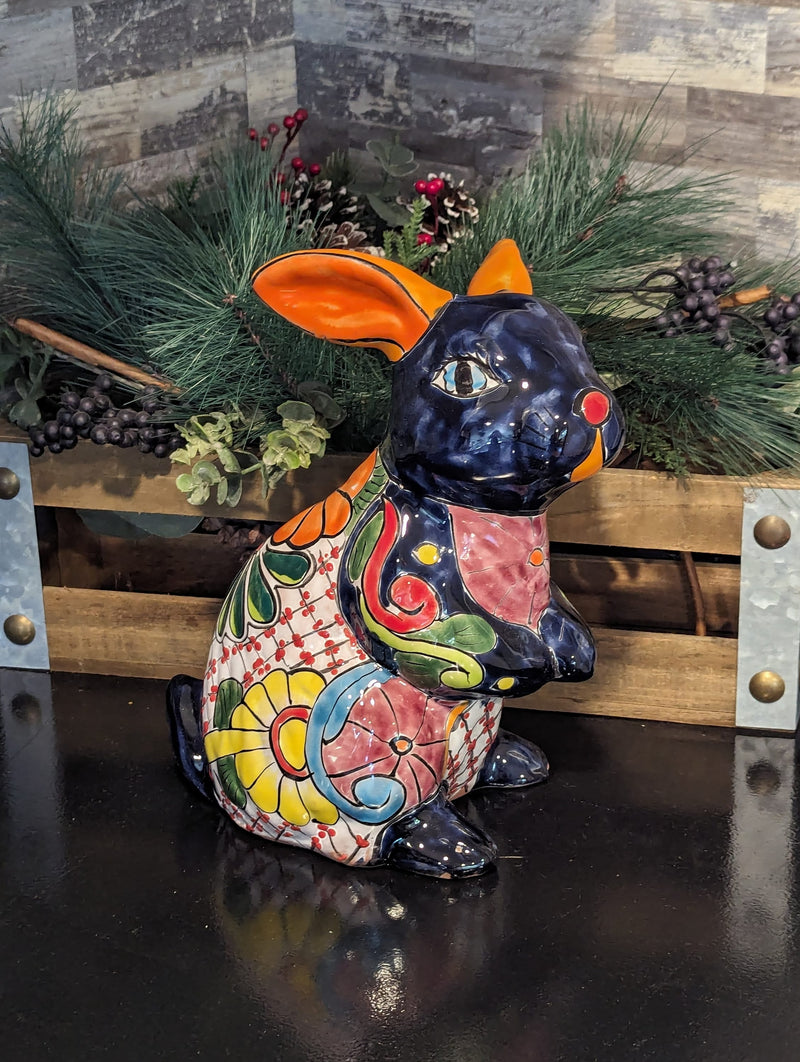 Rabbit Garden Decor is a Cute Ceramic Gift for Yard & Garden Art | Mexican Talavera Pottery, Handmade Hand Painted Rabbit Yard Decoration