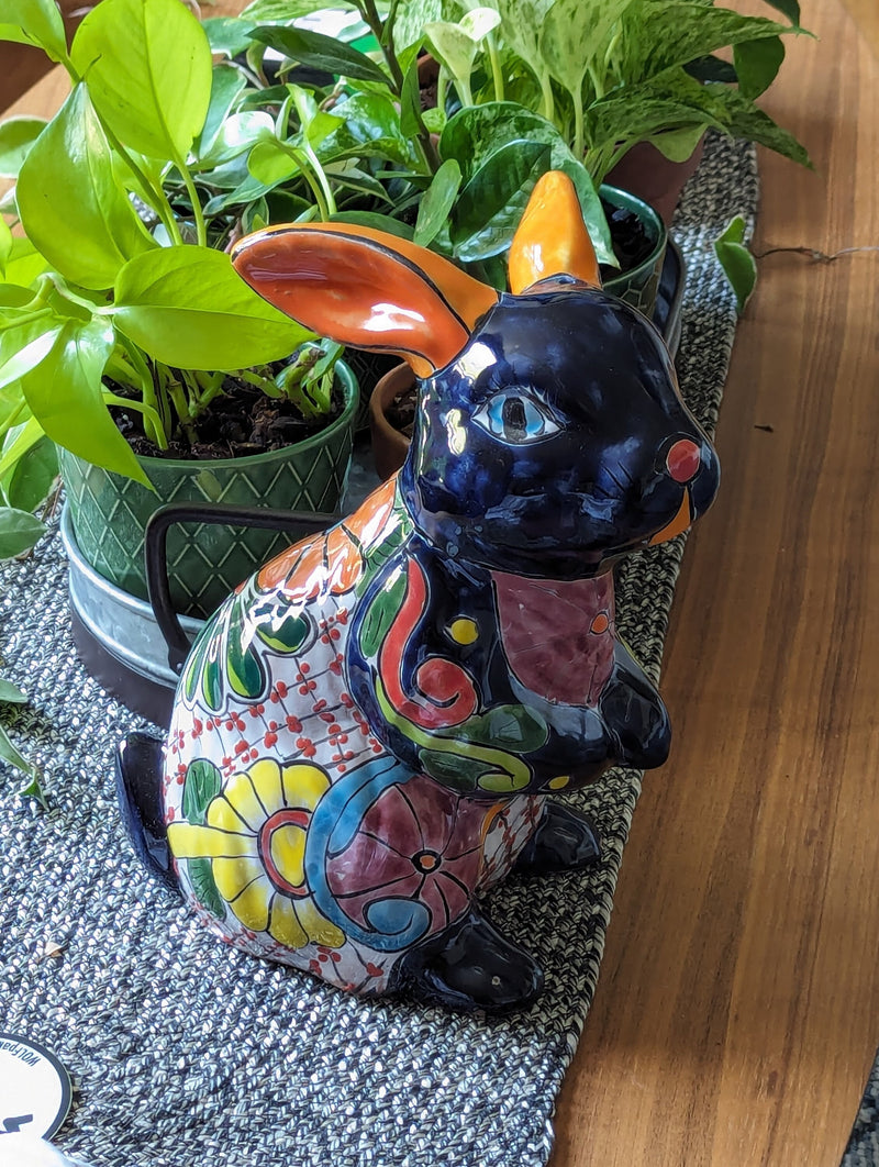 Rabbit Garden Decor is a Cute Ceramic Gift for Yard & Garden Art | Mexican Talavera Pottery, Handmade Hand Painted Rabbit Yard Decoration