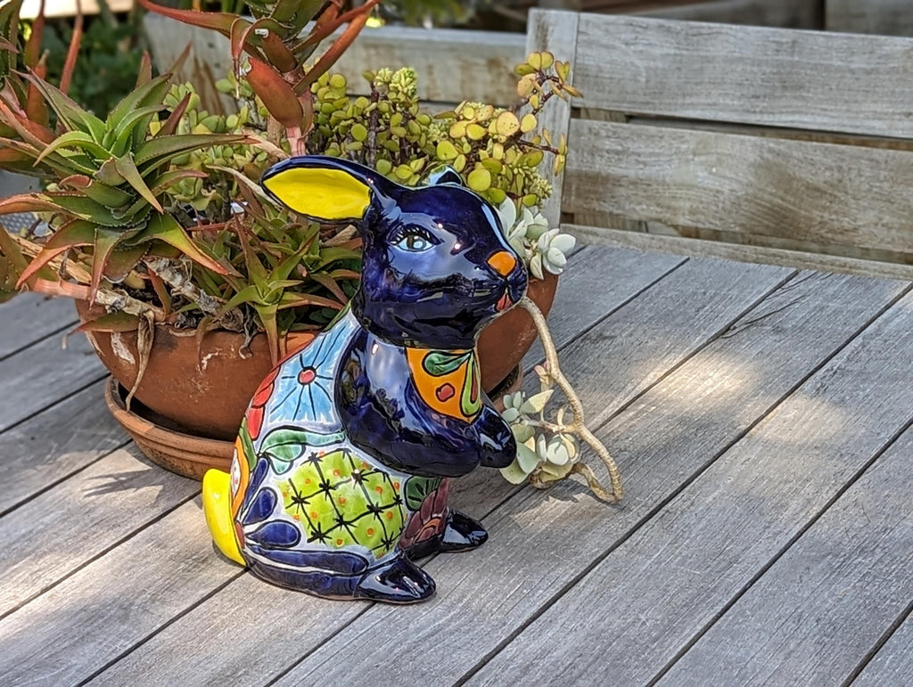 Rabbit Garden Decor Cute Ceramic Gift, Yard & Garden Art | Mexican Talavera Pottery, Handmade and Hand Painted Rabbit Yard Decoration