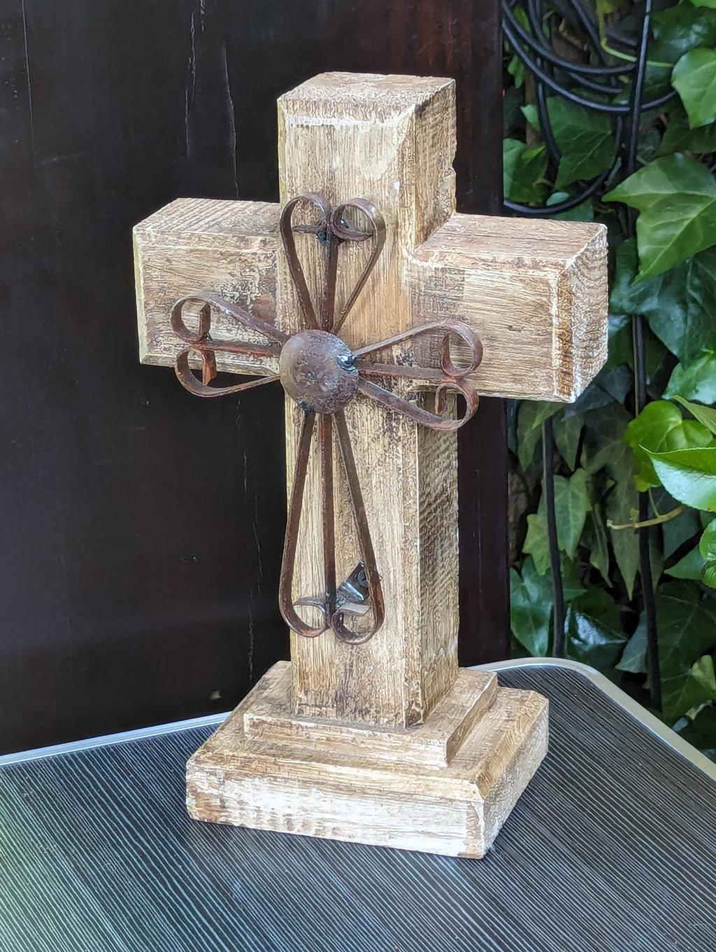 Wooden Cross Decor & Mexican Art | Decorative Cross is Indoor Home Decor Handmade by Skilled Craftsman in Mexico | Two-tone Brown