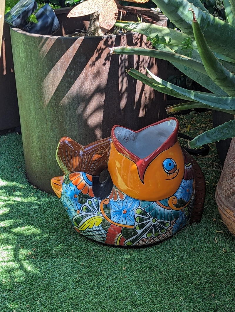 Talavera Whale Planter is Hand Painted Ceramic Mexican Pottery | Large Fish Planter Pot for Yard Art & Outdoor Garden Decor, Big Flower Pot