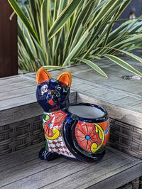 Talavera Cat Flower Pot, Ceramic Planter Home Decor, Indoor Outdoor Planter Pot, Mexican Pottery Yard & Garden Decor, Handmade