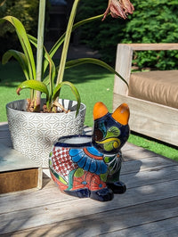 Talavera Cat Flower Pot, Ceramic Planter Home Decor, Indoor Outdoor Planter Pot, Mexican Pottery Yard & Garden Decor, Handmade