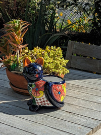 Talavera Cat Flower Pot, Ceramic Planter Home Decor, Indoor Outdoor Planter Pot, Mexican Pottery Yard & Garden Decor, Handmade
