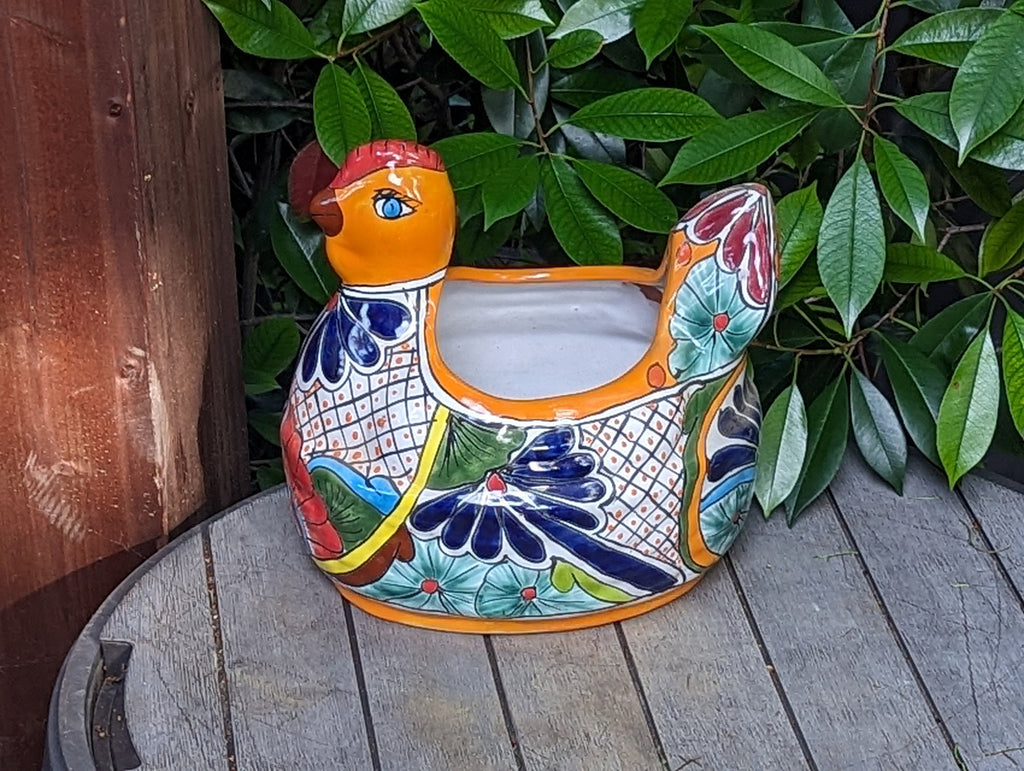 Talavera Chicken Ceramic Planter & Colorful Flower Pot, Handmade Outdoor Yard Decor or Indoor Plant Pot, Colorful Mexican Garden Decor