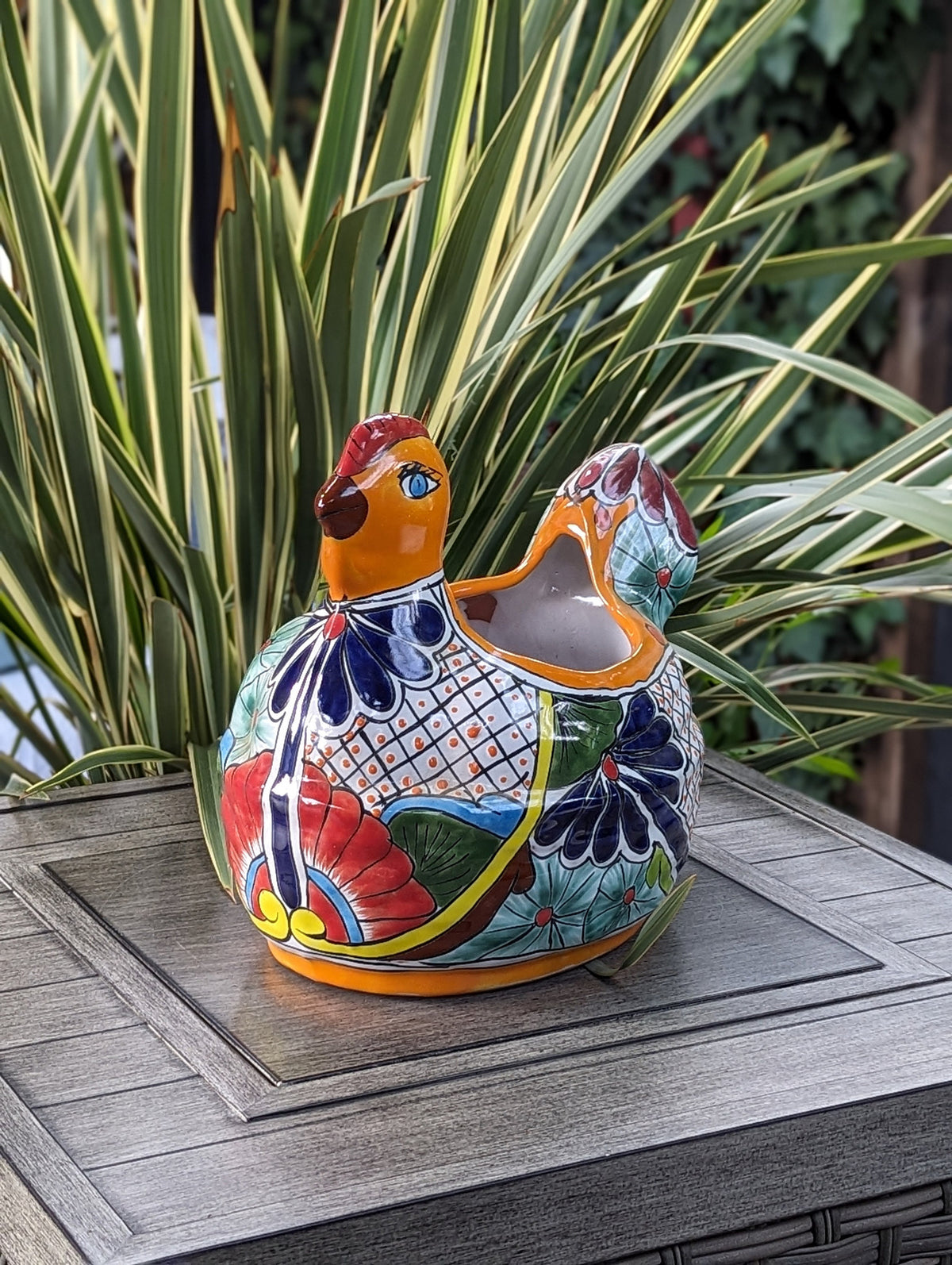 Talavera Chicken Ceramic Planter & Colorful Flower Pot, Handmade Outdoor Yard Decor or Indoor Plant Pot, Colorful Mexican Garden Decor