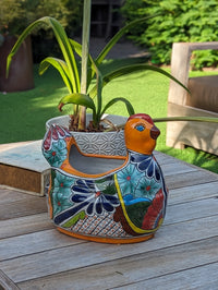 Talavera Chicken Ceramic Planter & Colorful Flower Pot, Handmade Outdoor Yard Decor or Indoor Plant Pot, Colorful Mexican Garden Decor