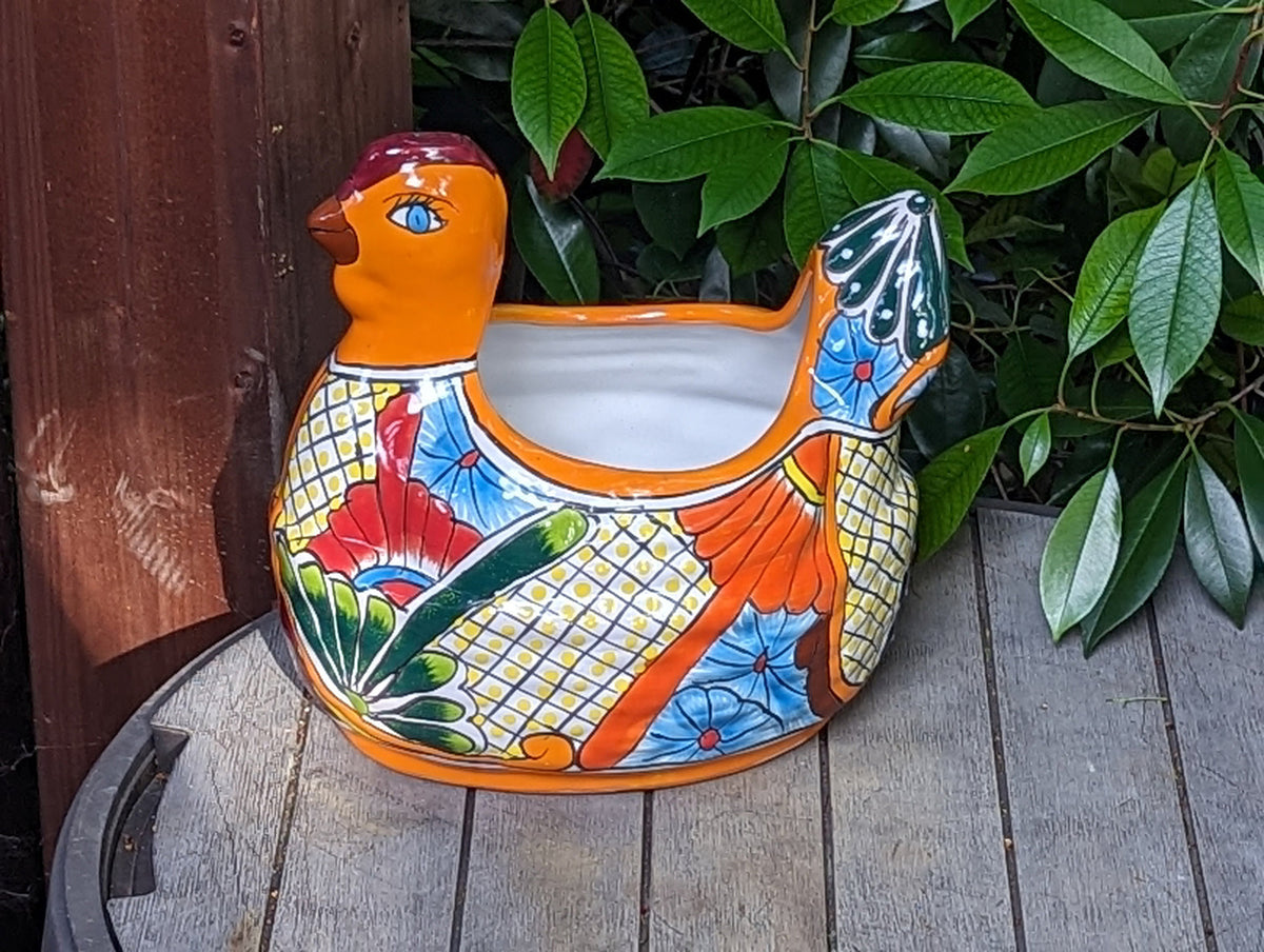 Talavera Chicken Ceramic Planter & Colorful Flower Pot, Handmade Outdoor Yard Decor or Indoor Plant Pot, Colorful Mexican Garden Decor