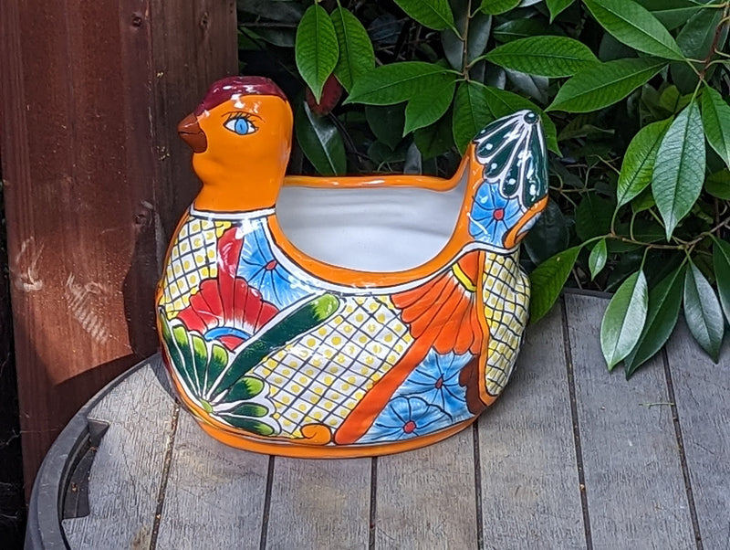 Talavera Chicken Ceramic Planter & Colorful Flower Pot, Handmade Outdoor Yard Decor or Indoor Plant Pot, Colorful Mexican Garden Decor
